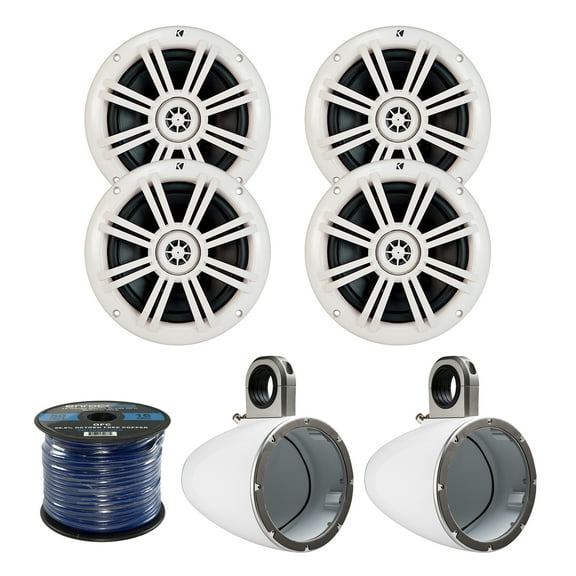 4x Kicker KM60 6.5-Inch Marine White Coaxial Speakers, 2x Kicker Marine KMTESW Tower Enclosure for 6.5-Inch Drivers White, Enrock Audio Marine Grade Spool of 50 Foot 16-Gauge Speaker Wire