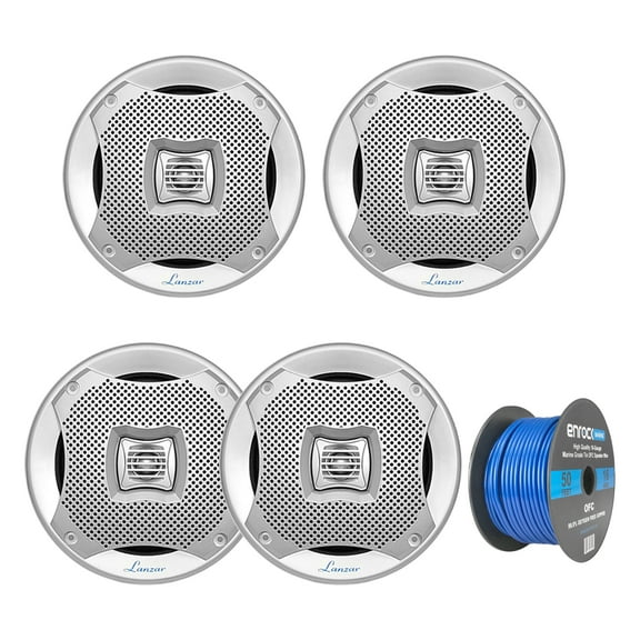 4x Lanzar AQ5CXS 5.25" Marine Water Resistant 2 Way 400 Watt Silver Speakers, Enrock 16 Gauge 50Ft Marine Boat Yacht Speaker Wire