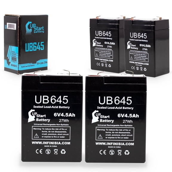 4x Pack - Compatible Sola Q3 Battery - Replacement UB645 Universal Sealed Lead Acid Battery (6V 4.5Ah, 4500mAh, F1 Terminal, AGM, SLA) - Includes 8 F1 to F2 Terminal Adapters