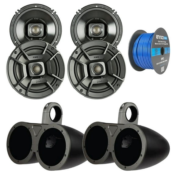 4x Polk Audio 6.5" 300W 2 Way Car Marine ATV Stereo Coaxial Speakers, 4x Kicker 6.5" Dual Speakers Tower Black Enclosures, Enrock 50 Foot 16-Gauge Speaker Wire