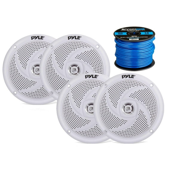 4x Pyle 4" 2-Way Waterproof White Low Profile Slim Style Design Speakers, 16-Gauge 50 Foot Tinned Speaker Wire