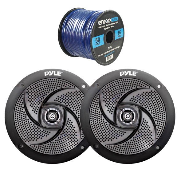 4x Pyle Marine 4" 2-Way Waterproof Black Low Profile Slim Style Design Speakers, 16-Gauge 50 Foot Tinned Speaker Wire