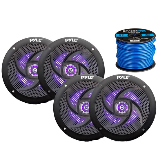 4x Pyle Marine 5.25" 2-Way Waterproof Black LED Low Profile Slim Style Speakers, 16-Gauge 50 Foot Tinned Speaker Wire