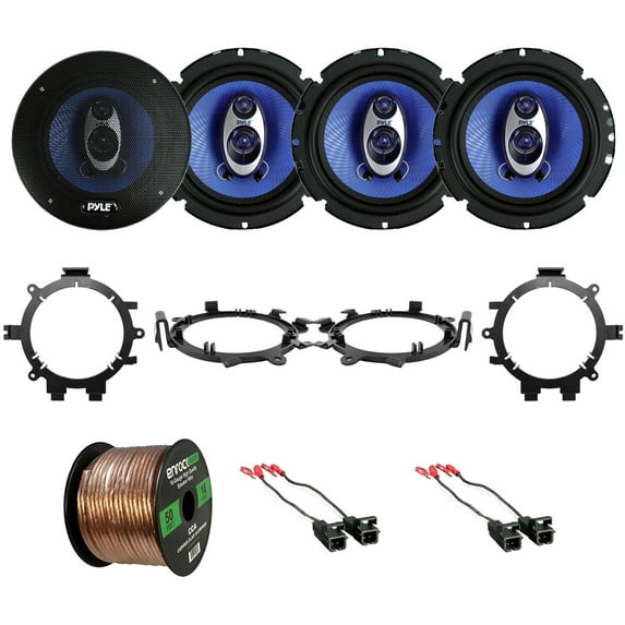 4x Pyle PL63BL 6.5'' 360 Watt Three-Way Speakers Car Audio, 4x Metra Car Speaker Harness, 4x Enrock Speaker Mounting Brackets Adaptors Fits 5.25" or 6.5", Enrock Audio 16-Gauge 50 Foot Speaker Wire