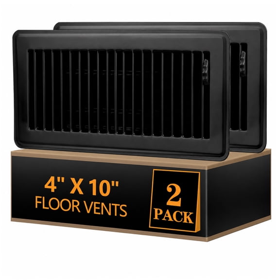 Windiluna 4 x 10 inch Heating & Cooling Floor Register, 2 pack Heavy Duty Steel Vent Grille with Adjustable Airflow Control, Black