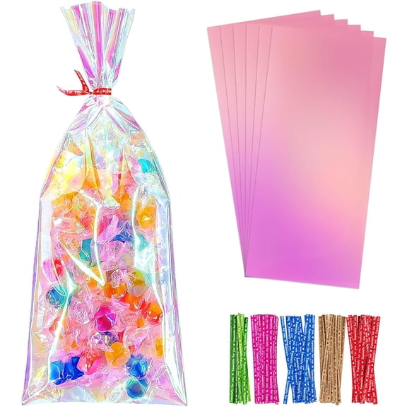 4x10 Inch Iridescent Cellophane Bags, with Twist Ties, Treat Bags for Candy Cookie Goodie Chocolates, And Popcorn