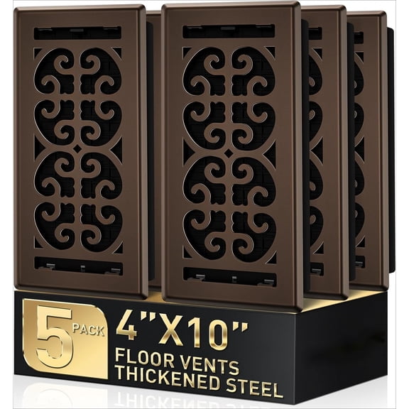 4x10 Rubbed Bronze Floor Vent Register (5 Pack) | Heavy Duty Walkable Scroll Metal Grille, Adjustable Quiet Heat-Resistant Damper, Fits Standard HVAC Duct Openings