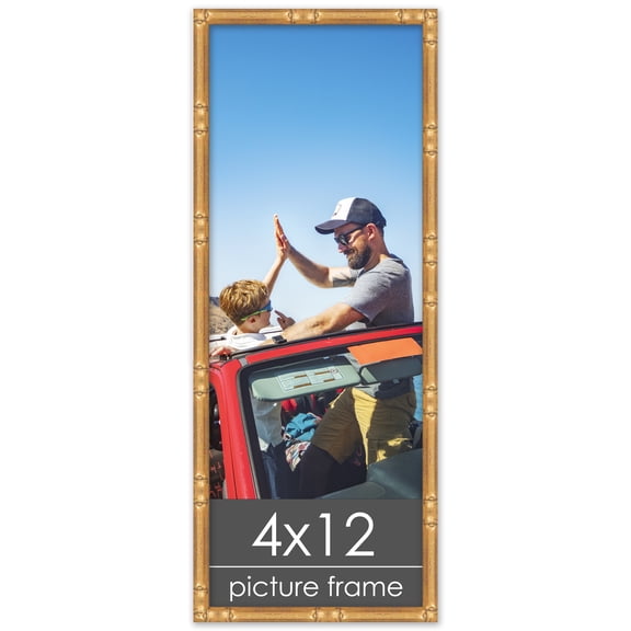 4x12 Gold Thin Bamboo Picture Frame - UV Acrylic, Foam Board Backing, Hanging Hardware