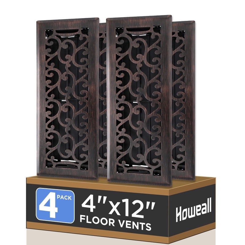 4x12 Inches 4 Pack Heavy Duty Walkable Floor Register - Easy Adjust Air Supply Lever Decorative Floor Vent Covers, Savannah Design Vent Covers for Home - Oil Rubbed Bronze