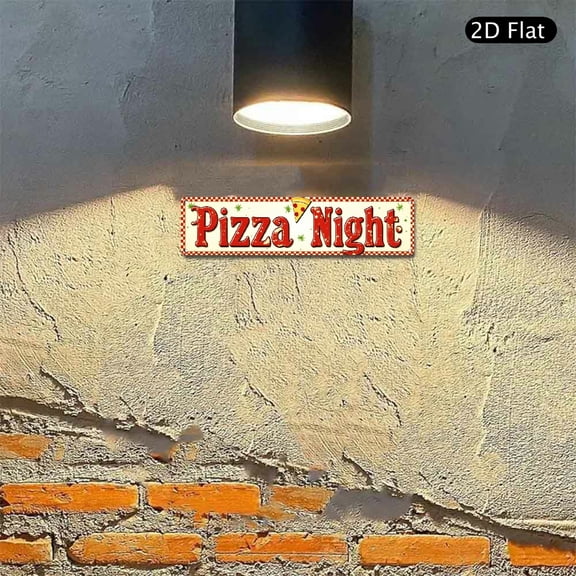 4x16 Inch Aluminum Metal Sign, Pizza Night Decorative Wall Art with Pepperoni Pizza Graphic and Red Checkered Border for Kitchen Dining Room Decor 1pc