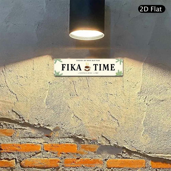 4x16 Inch Aluminum Metal Sign, Scandinavian Fika Coffee Break Wall Decor with Pine Branch Accents, Decorative Rectangular Hanging Art for Kitchen Coffee Station 1pc