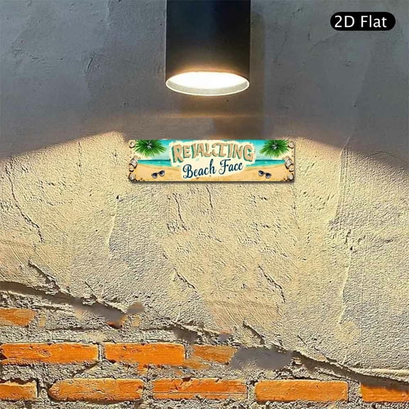 4x16 Inch Aluminum Metal Sign, Tropical Beach Theme Wall Art with Beach Face Text and Palm Frond Print, Vintage Style Decorative Plaque for Home Decor 1pc