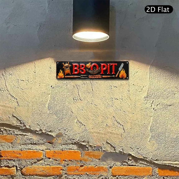 4x16 Inch Aluminum Metal Wall Art, BBQ Pit Grill Theme Decorative Sign with Rustic Flame and Kitchen Tool Graphics, Durable Wall Decor for Outdoor Patio Kitchen 1pc