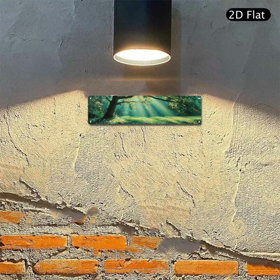 4x16 Inch Aluminum Wall Art, Green Forest Landscape with Sun Rays Metal Sign 1pc for Nature Inspired Home Office Room Decor