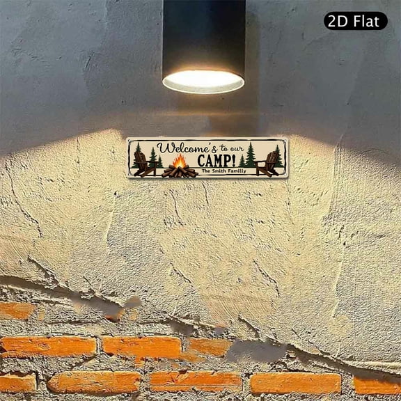 4x16 Inch Rustic Welcome to Our Camp Metal Sign, Hand Drawn Style Family Cabin Fire Pit Aluminum Wall Art for Outdoor Patio Decor 1pc