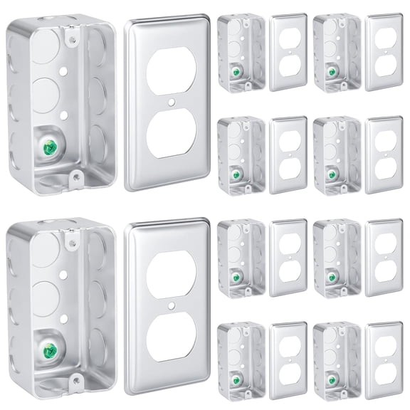 4x2 Electrical Junction Boxes with Duplex Receptacle Covers (10-Pack) Steel Metal Outlet Boxes, 1- Inch Deep, 13Cu. in. Capacity, 10 -inch knockouts, Heavy-Duty Box Bulk Pack