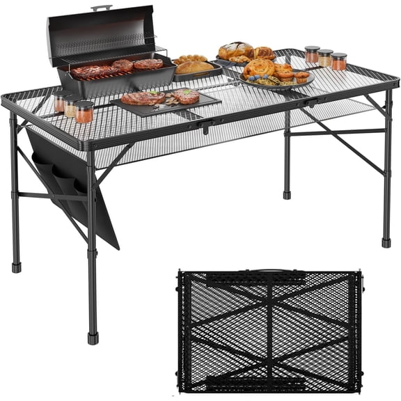 Folding Grill Table 4x2 Ft with Mesh Desktop Height Adjustable Portable Outdoor Camping Picnic BBQ Beach