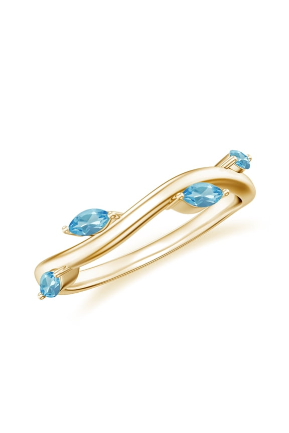 4x2mm Marquise Shaped Swiss Blue Topaz Leaf Eternity Band in 925 Sterling Silver/ Yellow Gold Plated Vintage Promise Wedding Band Ring December Birthstone Jewelry, Ring Size 5