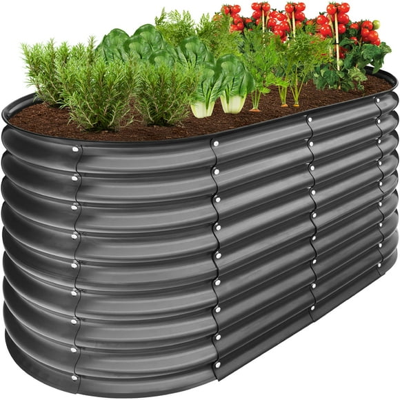 4x2x2ft Steel Raised Garden Bed Oval Shape, Large 101 Gallon Planter Box for Vegetables Cucumbers Strawberries, Open Base Drainage, Rubber Edges, Charcoal Black