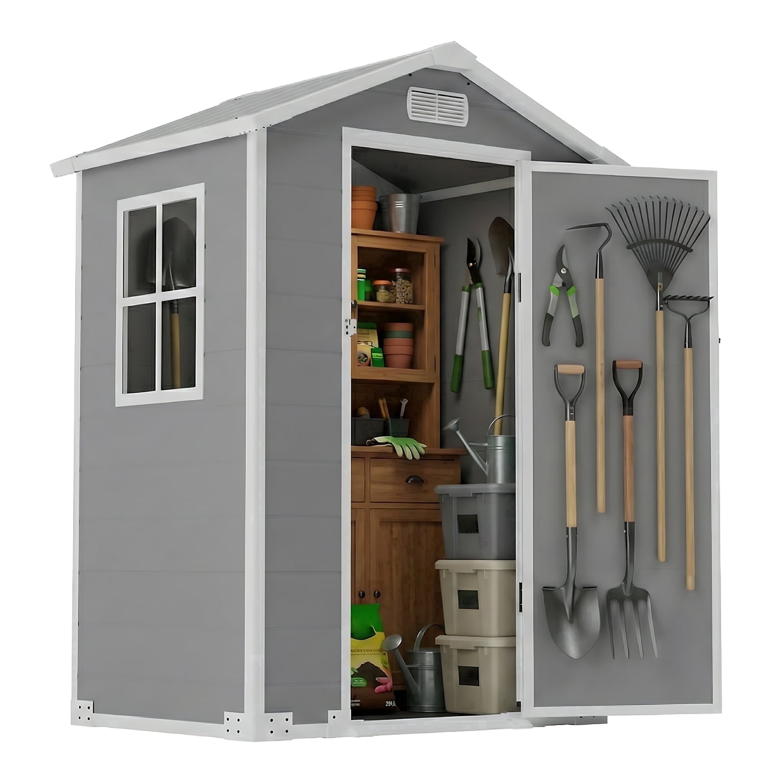 4x3 FT Gray Outdoor Storage Shed - Resin with Sloped Roof, Drainage Holes,Lockable Door,Transport Ramp, Window & Vent for Backyard, Garden, Patio, Lawn Optimized Five Bullet Points