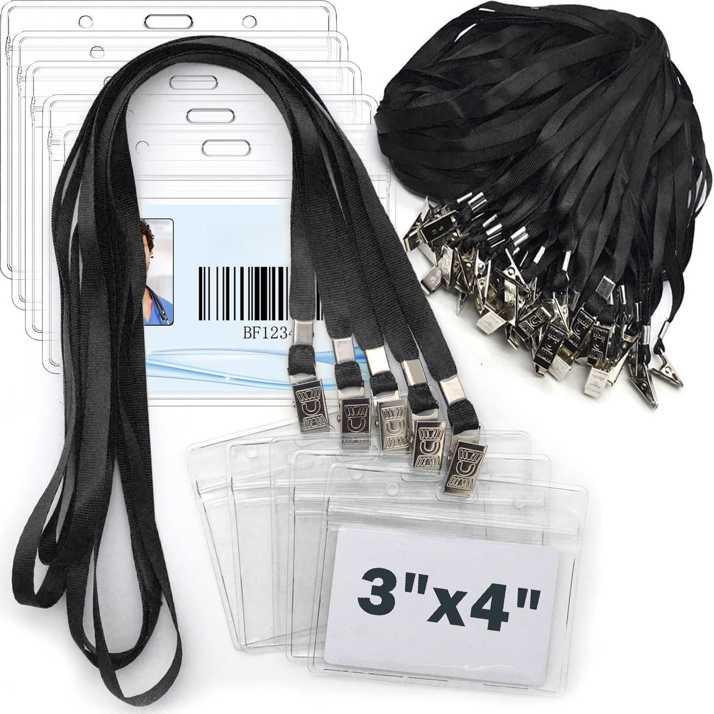 4x3 Name Tags Badge Holder With Lanyard 50 Pack Waterproof Horizontal Id And 50 Lanyards Nametag For Conferences  Events Meetings (black 4 X 3 Inches)