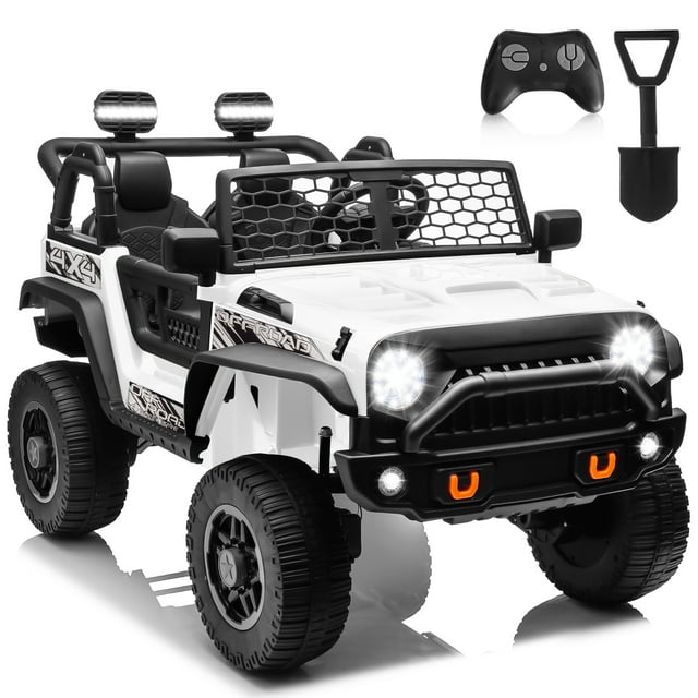 4x4 24V Ride on Truck Car with Remote Control & 2 Seater, 4x200W Motors, 9AH Battery Powered Electric Toys, 4 Spring Suspension, 3 Speeds, LED Lights, Bluetooth MP3 Music, Big Kids, White