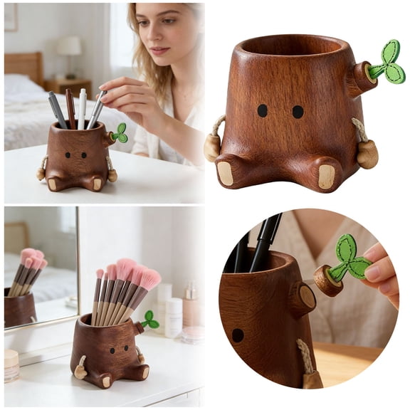 4x4.33-Inch Whimsical Tree Stump Wooden Pen Holder – Magnetic Sapling Desktop Organizer