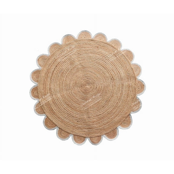 4x4, 5x5, 6x6,feet Natural Jute Scallop Round Rug, Floor Scalloped Edge Rug Braided Boho Eco Large Circular Handmade Area Rugs