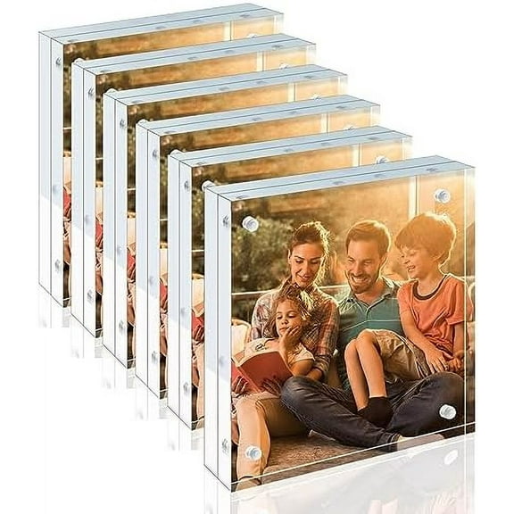 4x4 Acrylic Frames 6 Pack, 20mm Thicker Frameless Clear Picture Frames, Double Sided Magnetic Picture Frames, Free Standing Desktop Display 6 4x4