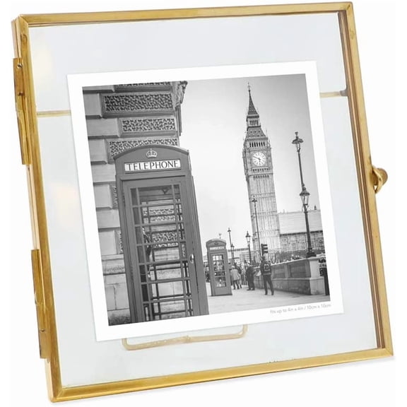 4x4, Antique Gold, Vintage Style Brass and Glass, Metal, Floating Desk Photo Frame, with Locket Bead Clasp Closure for Pictures Art, More (4x4, Antique Gold)