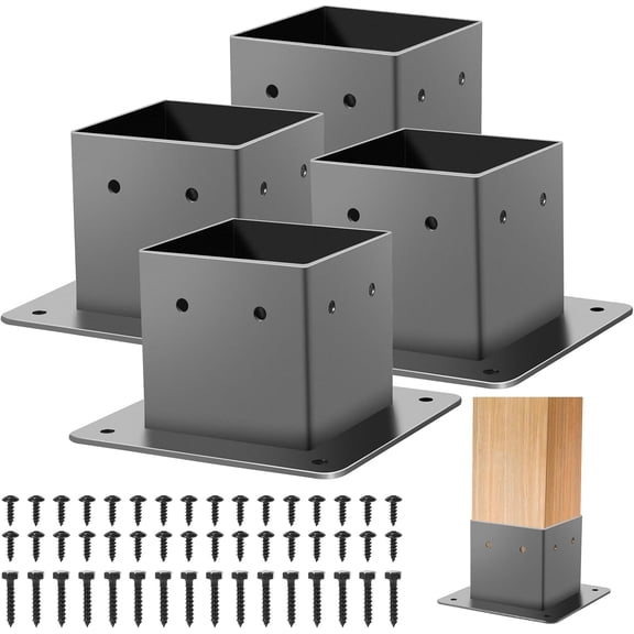 4x4 Base, 4 count Brackets (Inner Size 3.5"x3.5"), Black -Coated Fence Anchor for Deck Porch Railing Pergola Support