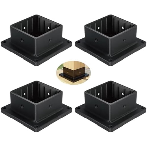 4x4 Base Support Kit, 4 Brackets for Outdoor Wooden Fence, Mailbox, Pergola - Durable Black -Coated