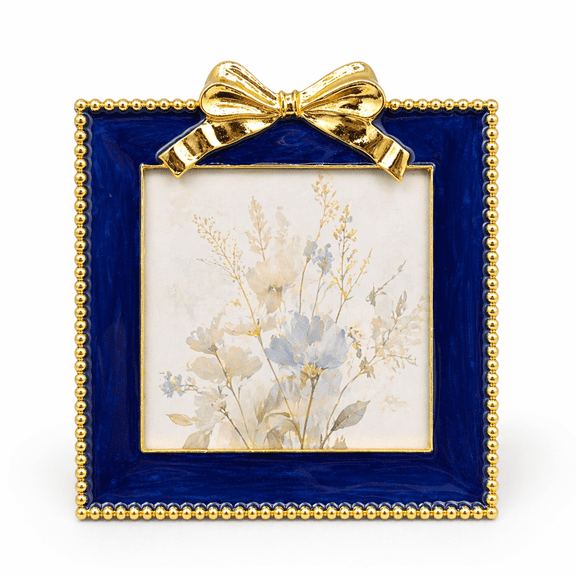 4x4 Blue Bow Metal Picture Frame Decor Ornate Antique Enamel Photo Frames with Glass Front, Art Decor Tabletop Display, Gifts Ideas ,Home Decor