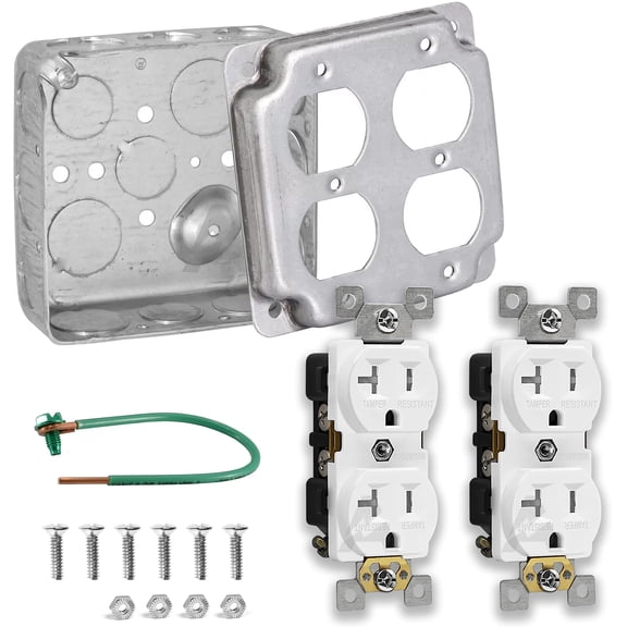 4x4 Drawn Metal Electrical Outlet Box Kit with 2 Tamper Resistant 20 Amp Outlets