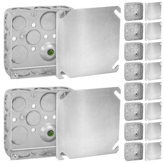 4x4 Electrical Junction Boxes with Blank Covers (10-Pack) 1-1/2 Inch Deep, 21 Cu. in. 4 Inch, Heavy-Duty Metal Outlet Boxes, Bulk Pack Steel Box Duplex Receptacle & Black Cover, UL Listed