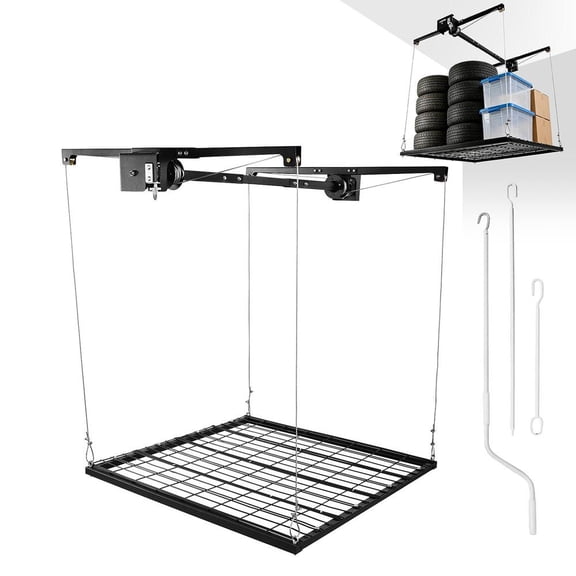 4x4 FT Overhead Garage Ceiling Storage Rack, Heavy Duty 300 Lbs Load Capacity Lift Organizer for Home Garage Basement Workshop