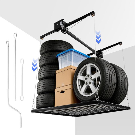 4x4 FT Overhead Garage Storage Rack, 325 lbs Capacity Adjustable Drop-Down Organizer with Safety Lock for Basement and Shed
