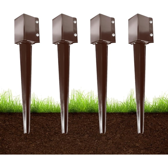 4x4 Fence Post Anchor Ground Spike, 32 Inch Heavy Duty Powder Coated Metal Post Anchor for Mailbox, Fence & Garden Posts, Fits 3.5" x 3.5" Actual Post, Brown, Pack of 4