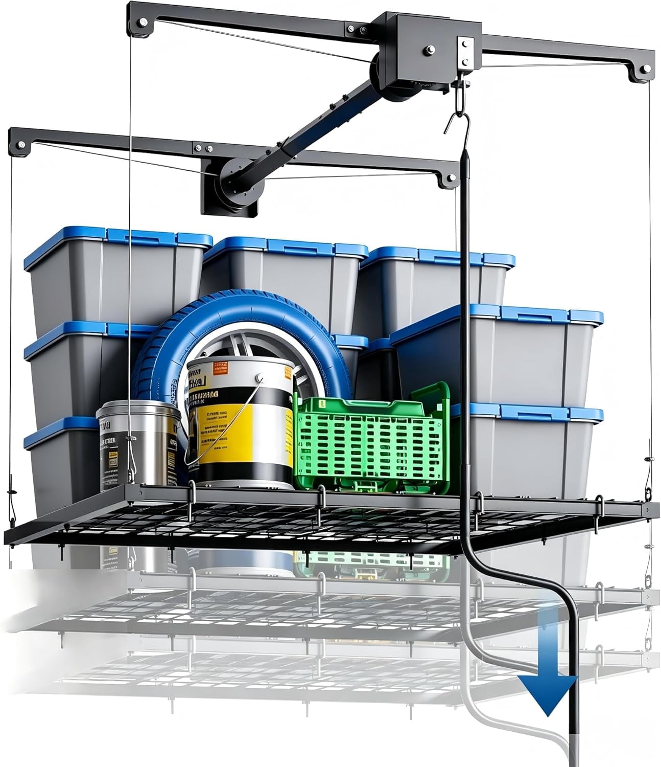 4x4 Foot Overhead Garage Storage Lift: Manual Crank System for Reclaiming Ceiling Space