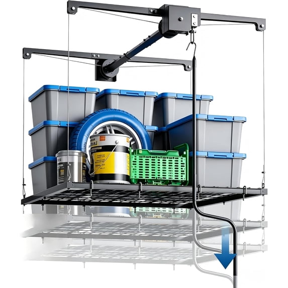 4x4 Ft Overhead Garage Storage Lift Rack 300 lb Ceiling Mounted Crank Hoist System with Safety Lock for Garage and Attic Storage