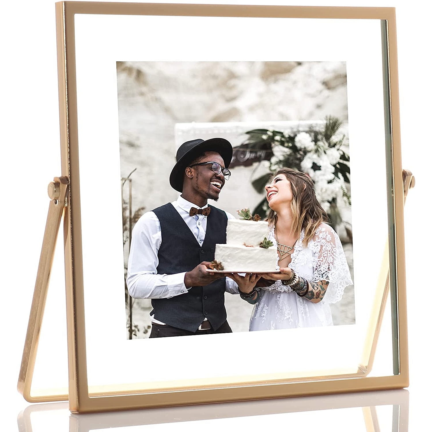 Gold Metal and Glass Foldable Easel Float Picture Frame