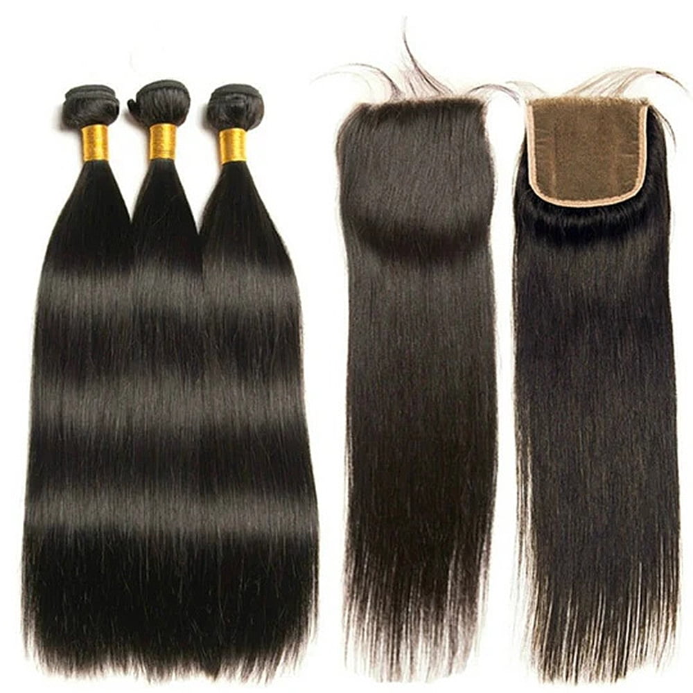 4x4 Lace Closure Straight, Brazilian Virgin Human Hair 3 Bundles (22 24 26)