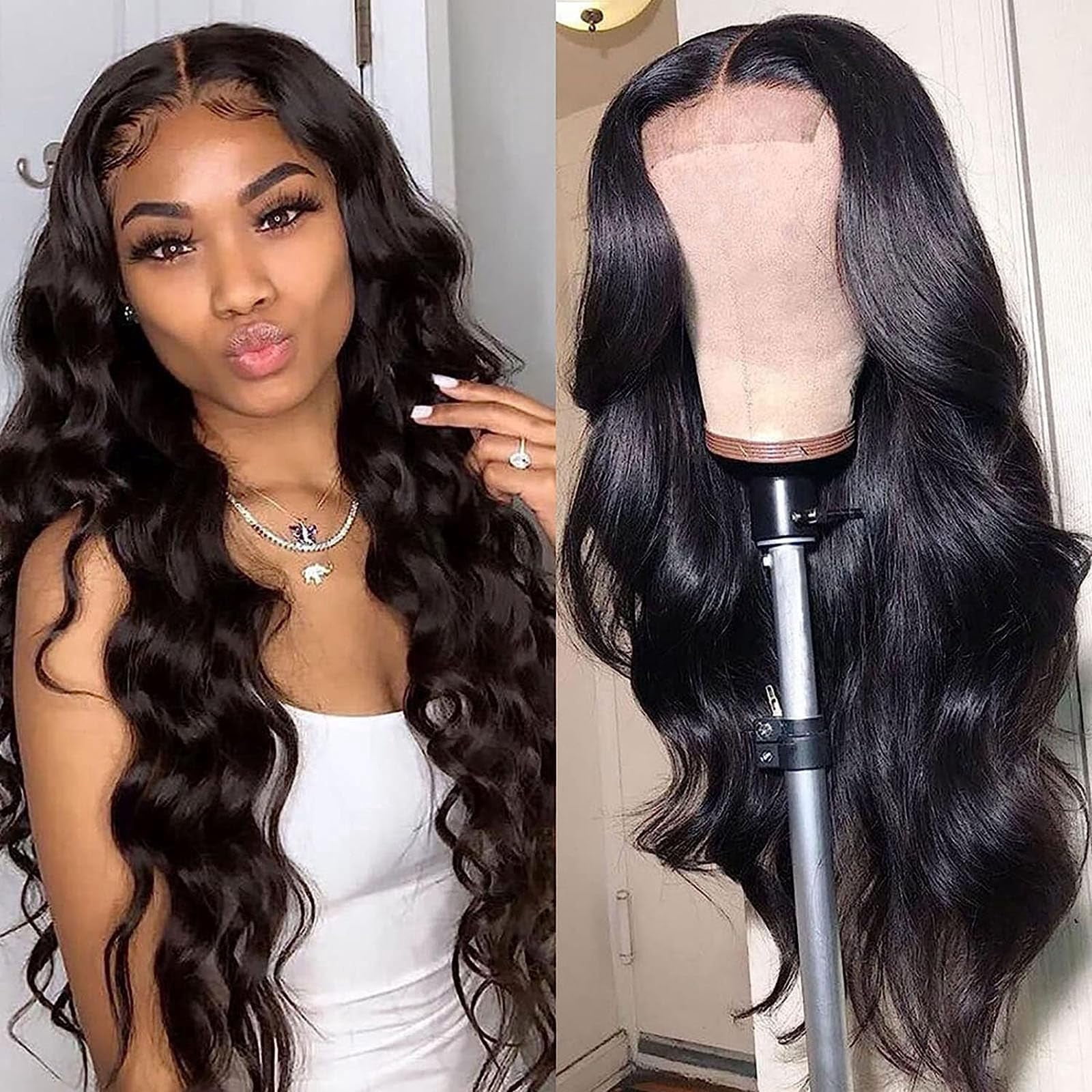 4x4 Lace Closures Wigs Human Hair Body Wave Wear and Go Human Hair Wigs Natural Black Color 14--24Inch Brazilian Virgin Real Human Hair Wigs Extensions