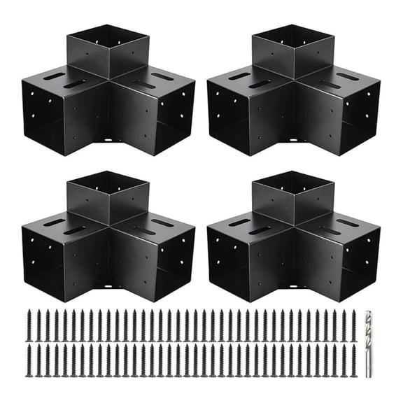 4x4 Pergola Brackets 3-Way, 90 Right Angle Corner Kit, Black Powder Coated Steel, Heavy Duty Woodworks DIY Gazebo Connector (4 Pack)