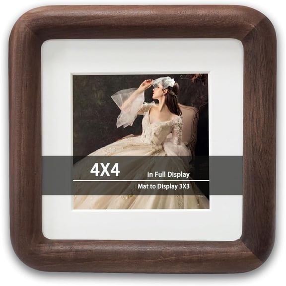 4x4 Picture Frame with Mat to 3x3, Natural Dark Walnut Wooden Handcrafted Frame Rounded Corner with Real Glass, Vertical or Horizontal Display for Photo Wall & Tabletop