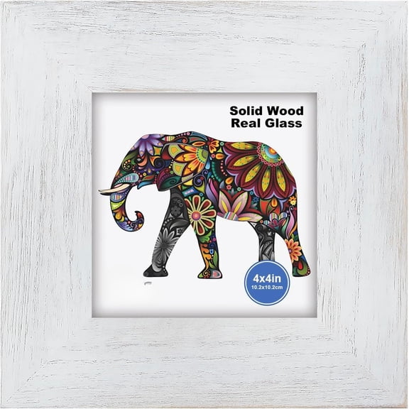 4x4 Picture Frame Solid Wood, Fits 4x4 Photo (Actual Frame 6.6x6.6), Real Glass Square Frames with Easel Back, Wall or Tabletop Display, Gift-Ready in White Box, Rustic White