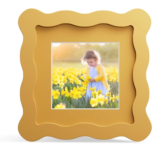 4x4 Picture Frame with Mat for 3x3, Wavy Edge Wooden Real Glass Photo Frame for Tabletop and Wall Hanging, Yellow, 1 Pack