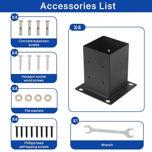 4x4 Post Base 4Pcs(Inner Size 3.55"x 3.55")Concrete Post Anchors 13 Gauge Thick Solid Steel Heavy Duty Stainless Steel Screws Black Powder Coated for Pergola,Decking,Railing,Mailbox