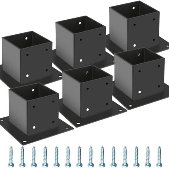 4x4 Post Base 6 Pcs, Black Powder Coated Steel Fence Post Anchor Base, Supports Porch Railing Post Holders Pergola Brackets