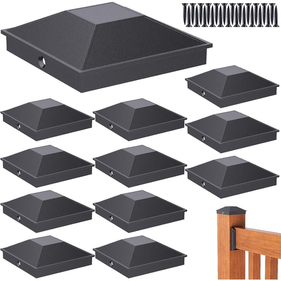 4x4 Post Caps Black(Actual 3.5" x 3.5"), 12 Pack Aluminum Metal Fence Post Caps with 24 Screws and Easy Installation, Waterproof Deck Post Caps with Fade-Resistant Coating, Protect Wood Post